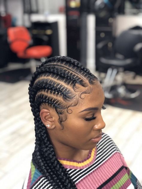 17 Jumbo Feed-In Braid Looks To Try | ThriveNaija Trendy Cornrows, Cornrows And Twists, Feed In Braids, Feed In Braids Hairstyles, Braided Cornrow Hairstyles, Feed In Braid, Frontal Hairstyles, Girls Hairstyles Braids, Hair Laid