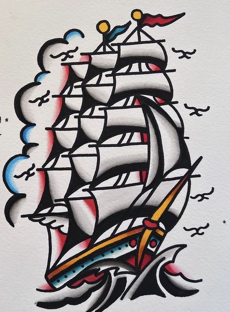 Ship Tattoo Traditional Old School, Boat Tattoo Traditional, Old School Boat Tattoo, American Traditional Ship Tattoo Design, American Traditional Tattoo Ship, American Traditional Naval Tattoos, Traditional Sailboat Tattoo, Traditional Ship Tattoo Flash, American Traditional Navy Tattoo