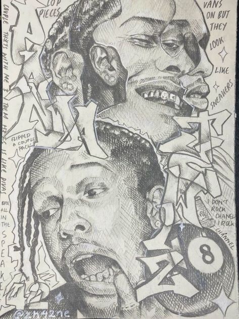 Drawing Inspo Sketchbook, Street Art Sketchbook, Swaggy Art Drawing, Asap Rocky Drawing, Rapper Art Drawing, Street Style Drawing, Art Inspo Sketchbooks Sketch Books, Abstract Portrait Drawing, Rapper Drawings