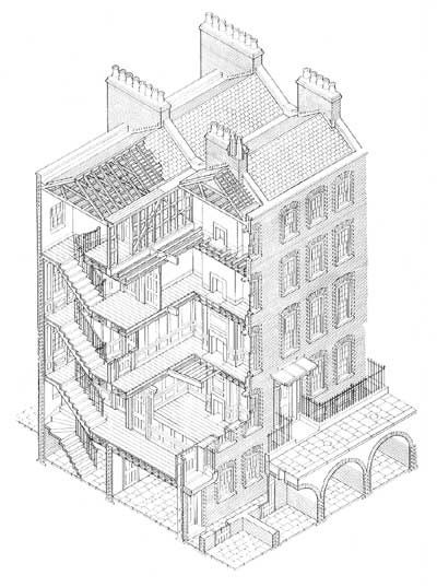 Georgian house from 1720 Townhouse Basement, Isometric Drawings, London Terrace House, Regency Architecture, Architectural Sketching, Regency London, Walled Courtyard, English Houses, Georgian House