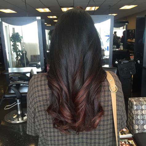 Black and auburn balayage ombre Black And Auburn Balayage, Auburn Black Hair, Auburn Highlights In Black Hair, Auburn Balayage On Black Hair, Black And Auburn Hair, Baylage Ombre, Baylage Hair, Auburn Balayage, Balayage Ombré