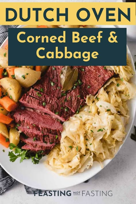 Dutch oven corned beef and cabbage is the perfect one pot St. Patrick's Day meal! This Irish-American dish gets simmered for several hours in Guinness and beef broth with potatoes and carrots until it's fall apart tender and delicious. via @Feasting Not Fasting Corned Beef And Cabbage Dutch Oven Recipe, Corn Beef Dutch Oven, Guinness Corned Beef And Cabbage Dutch Oven, One Pot Corned Beef And Cabbage, Corned Beef Dutch Oven In Oven, Cornbeef Cabbage And Potatoes Dutch Oven, Corned Beef Brisket Dutch Oven, Corn Beef In Dutch Oven, Braised Corned Beef And Cabbage