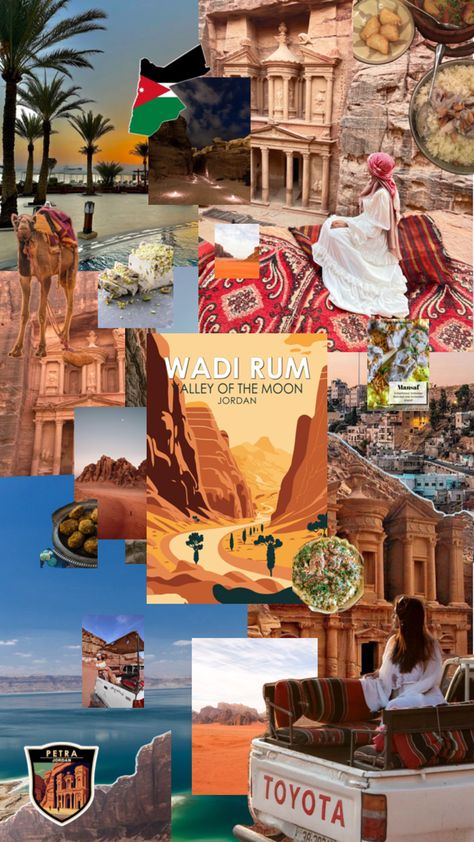 Jordan Aesthetic, Jordans Aesthetic, Jordan Country, Petra Jordan, Wadi Rum, Dream Holiday, Amman, Aesthetic Collage, Dream Vacations