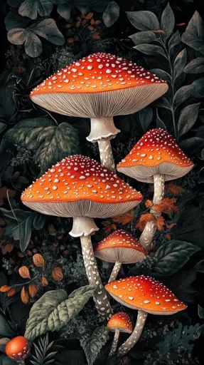 ↑↑↑ Larger size on website 🔸 A group of five bright red and orange mushrooms with white spots, stand tall amongst lush green foli Moody Background, Orange Mushroom, Group Of Five, Red And Orange, Stand Tall, Lush Green, Bright Red, Green Leaves, Art Images