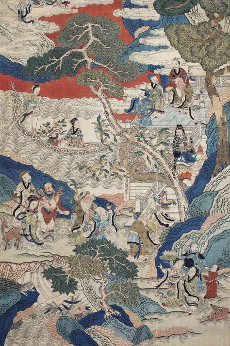 mingsonjia:“ 群仙祝寿图Kesi (缂丝, Chinese silk tapestry) “Immortals’ Longevity”, Qing DynastyH: 179cm W: 90cm.” Gallery Prints, Art Tumblr, Chinese Silk, Tapestry Art, Japanese Prints, Qing Dynasty, Design History, Chinese Art, Artifacts