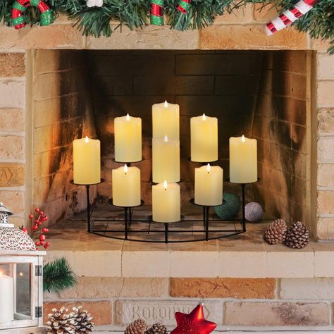 Tall Candle Sticks Fireplace, Pillar Candle Holders On Mantle, Tall Candle Holder For Pillars For Mantle, Tall Candle Holders For Mantle, Tall Mantle Candle Holders, Tall Large Mantle Candle Holders, Faux Candle Mantle, Fireplace Christmas Lanterns, Styling Candle Holders On Tv Console