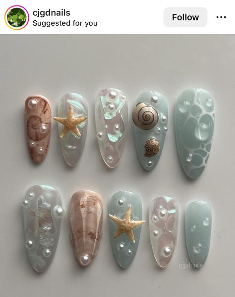 Seashell Nails, Sea Nails, Beachy Nails, Summery Nails, Simple Acrylic Nails, Mermaid Nails, Pretty Gel Nails, Really Cute Nails, Vacation Nails