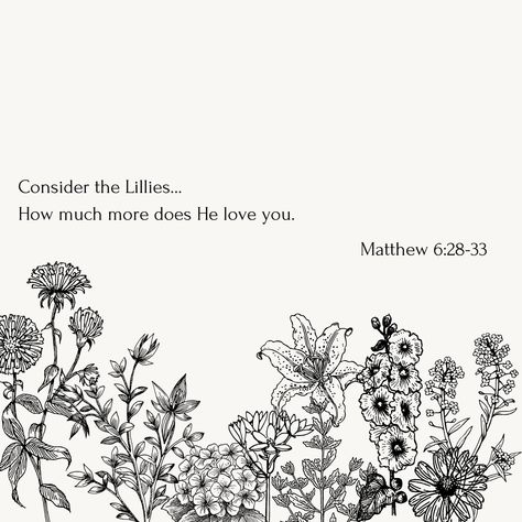 Verses About Flowers, Bible Verse Desktop Wallpaper, Consider The Lilies, Lillies Tattoo, Bible Tattoos, Christian Drawings, Bible Verse Tattoos, Lilies Of The Field, Why Worry