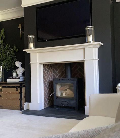 Wood Burner Fireplace Surround, Log Burner Living Room Fire Surround, Log Burner With Fireplace Surround, Victorian Wood Burner, Fireplace Logburner Ideas, Gas Fire Surround Ideas, Victorian Log Burner, Log Burner Fire Surround, 1930s Fireplace Ideas