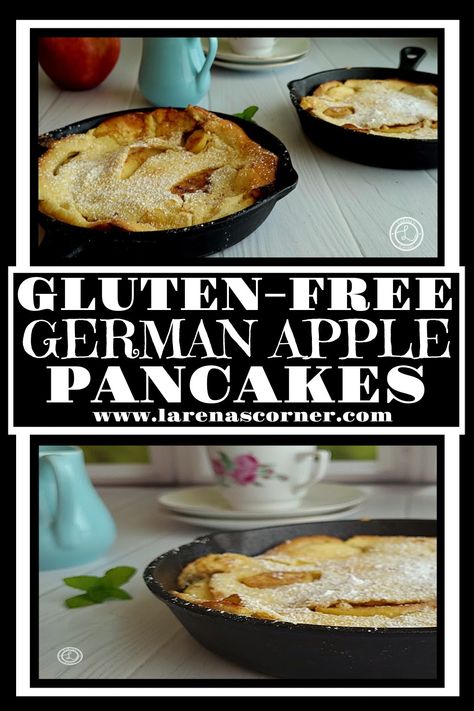 Top: Two gluten-free German Apple Pancakes in individual small cast iron skillets. Bottom: a close up of one of the pancakes in a skillet with a espresso cup, saucer, and creamer in the background. Gluten Free German Pancakes, Gluten Free German Pancake Recipe, Apples Breakfast, German Apple Pancake Recipe, German Apple Pancake, Apple Pancake Recipe, German Pancakes Recipe, Apple Tarte, Balanced Recipes