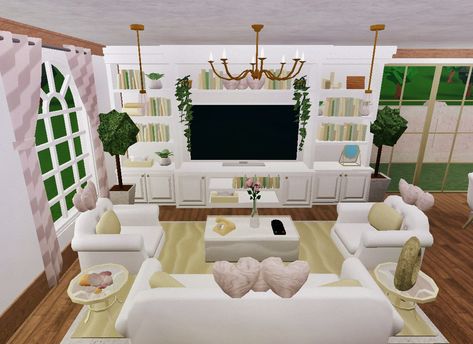 a beautiful cozy living room. easy to build and will give more cozyness to your house. Big Living Room Bloxburg, Bloxburg Living Room Ideas Cottage Core, Living Room Blocksburg Ideas, Living Room Realistic Bloxburg, Blocksburg Living Room Ideas Aesthetic, Bloxburg Ideas, Room Idea, Cozy Living Rooms, Cozy Living