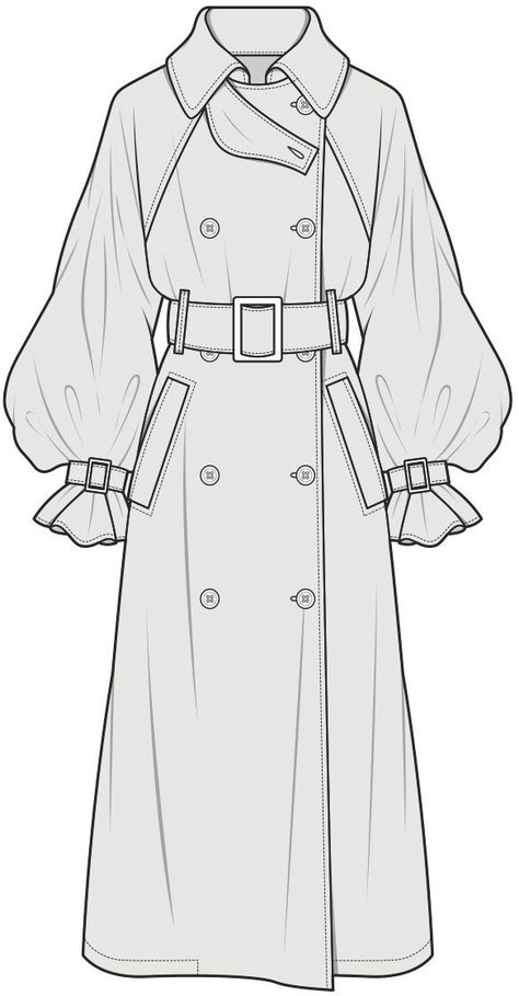 Trench Coat Design Sketch, Long Jacket Reference Drawing, Trench Coat Sketch, Trench Coat Illustration, Trench Coat Flat Sketch, Trench Coat Technical Drawing, Coat Technical Drawing, Coat Flat Sketch, Trench Coat Drawing