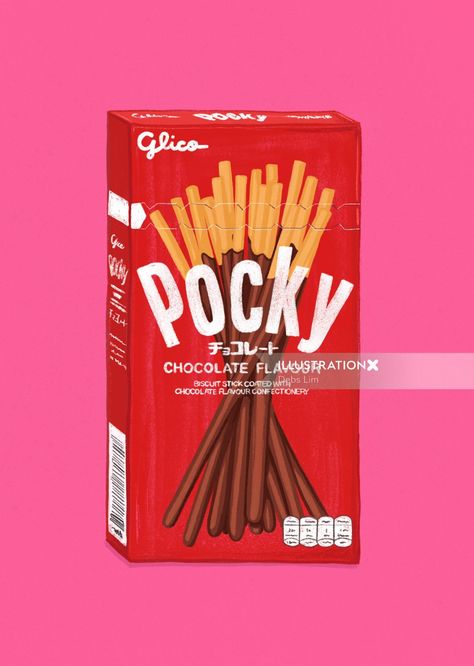 Debs Lim Grocery Snack Series Medium: Digital Drawing Chocolate Pocky Pocky Drawing, Snacks Drawing, Snack Drawing, Drawing Chocolate, Object References, Pocky Sticks, Series Illustration, Art Packaging, Food Japan