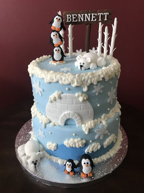 Arctic Birthday Cake Arctic Fox Cake, Arctic Cake, 2023 Birthday, Penguin Cake, Marshmallow Crafts, Fox Cake, Birthday 11, Penguin Cakes, Onederland Birthday Party