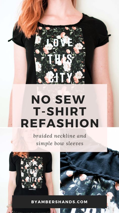 No Sew T-shirt Refashion : Boxy to Feminine in an Hour! T Shirt Restyle, Tshirt Neckline Refashion Diy, Restyle T Shirt, Shirt Too Big Hacks No Sew, Tshirt Neckline Refashion, Tshirt Sleeve Refashion, T Shirt Sleeve Hacks, Cut Tshirt Diy Neckline, Neckline Hacks