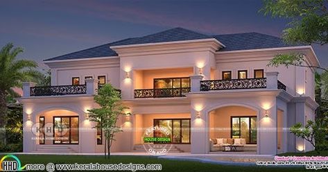 4300 square feet 5 bedroom colonial model French house in Kerala by Greenline Architects & Builders, Calicut French Colonial House, Colonial House Exteriors, Colonial House Plans, Classic House Exterior, Classic House Design, Kerala House Design, Kerala Houses, Modern Style House Plans, Modern Exterior House Designs