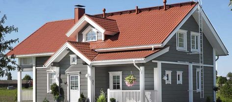 Red Roof House Colors, Terracotta Roof House, Red Roof House, Scandinavian Houses, Roof Tops, Gray House, Roof House, Exterior House Paint Color Combinations, Exterior House Color