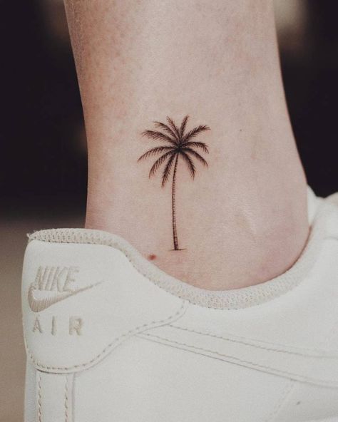 Palm Tree Tattoo Cover Up, La Palm Tree Tattoo, Little Palm Tree Tattoo, Plam Tattoo, Fine Line Palm Tree Tattoo, Simple Palm Tree Tattoo, Coconut Tree Tattoo, Palm Tree Tattoos, Palm Tree Tattoo Ankle