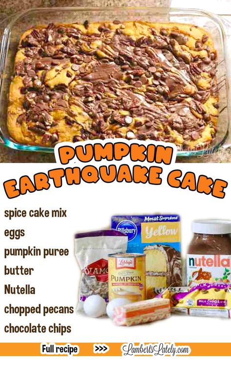 Pumpkin Earthquake cake is a delectable dessert recipe for fall! With swirls of Nutella, chocolate chips, and pecans, this rich pumpkin spice cake mix is easy, pretty, and yummy. Pumpkin Spice Cake Mix, Pumpkin Earthquake Cake, Fall Desserts Table, Earthquake Cake Recipes, Fall Treats Recipes, Cake With Nutella, Healthy Thanksgiving Desserts, Spice Cake Mix And Pumpkin, Instant Pot Freezer Meals