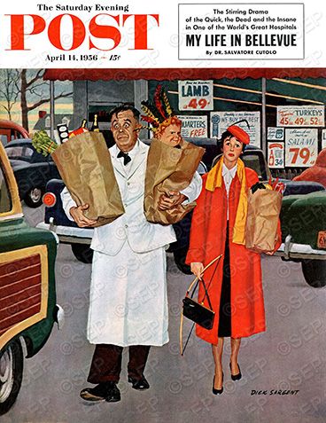 Saturday Evening Post Covers 1950s | Sack Full of Trouble by Richard Sargent Norman Rockwell Art, Saturday Evening Post Covers, Old Magazine, Vintage Housewife, Retro Housewife, Saturday Evening Post, Evening Post, Norman Rockwell, Vintage Life