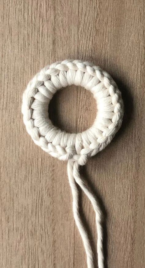 Things To Do With Macrame Cord, Things To Make With Macrame Cord, Macrame Ring Diy Tutorials, Macrame Rings Diy, How To Wrap A Macrame Ring, Wooden Ring Christmas Ornaments, Macrame Ring Diy, Wood Ring Macrame Diy, Macrame Around Wood Ring