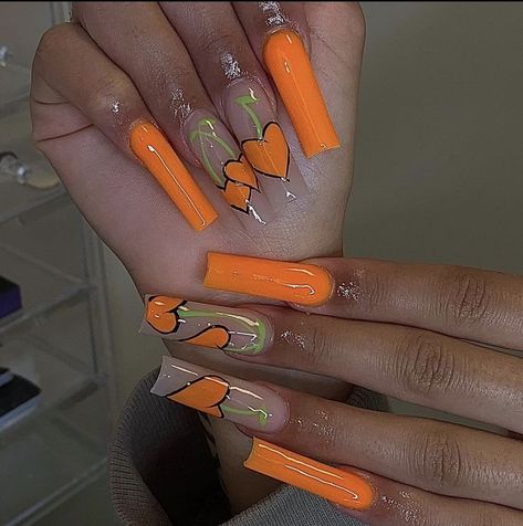 Orange Acrylic Nails Designs, Nail Inspo Short Square, Orange Nails Acrylic, Nail Inspo Short, Anniversary Nails, Orange Acrylic Nails, Nails Orange, Tapered Square Nails, Long Acrylic Nail Designs