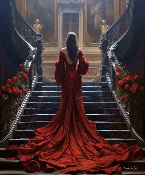 Red Ball Gown Princesses, Regal Photoshoot, Red Princess Aesthetic, Red Queen Aesthetic, Aries Dress, Downtown Photography, Flying Dress, Red Ball Gown, Gothic Princess