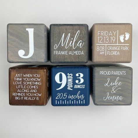 Baby birth stats can become distant memories, but this personalized block ensures you won't forget. Get those details out of your noggin and onto this keepsake. Stat Block, Standards Quotes, Wooden Baby Blocks, Cricut Signs, Boho Business, Baby Birth Stats, Wood Block Crafts, Cricut Baby, Baby Stats