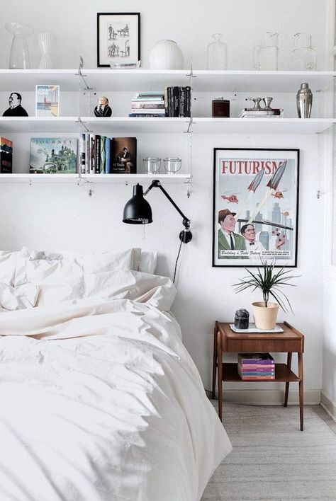 20 Times the Internet Showed Us That Shelves Above the Bed Are a GOOD Thing - Brit + Co Small Bedroom Designs, Ideas Hogar, Shelves In Bedroom, Remodel Bedroom, White Bedroom, Dream Bedroom, Bedroom Storage, My New Room, New Room