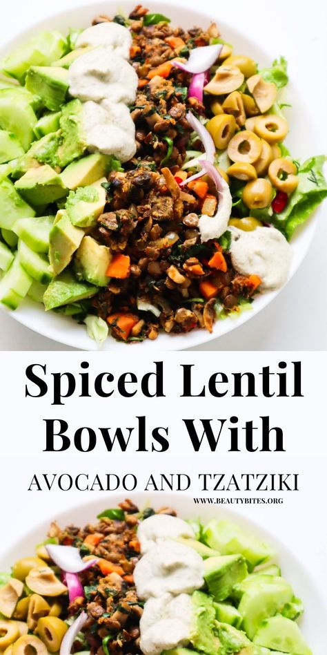 Spiced Lentil Bowls with salad, avocado and tzatziki! This is a tasty lentil recipe for lunch or dinner that is rich in folate, magnesium, iron, fiber as well as protein. A great meatless dinner idea that you can easily meal prep! Lentil Bowls, Lentil Bowl, Dry Beans Recipe, Lentil Recipes Healthy, Lentil Recipe, Recipe For Lunch, Vegetarian Bowls, Spiced Lentils, Beauty Bites