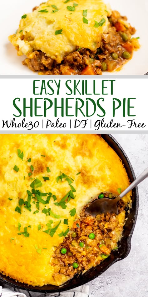 This Whole30 Shepherd's Pie recipe is baked in an oven proof skillet which makes the cooking process simple and easy. It's also a budget-friendly ground beef recipe that's paleo, gluten-free, dairy-free and can be made low carb. With vegetables like carrots, onions, celery and peas mixed in with a flavorful gravy, the filling is a perfect companion for the creamy mashed potatoes. It's a hearty, cozy recipe that's family friendly and also great for meal prep! #groundbeefrecipes #whole30beef Paleo Shepards Pie, Healthy Shepards Pie, Turkey Shepherds Pie Recipe, Ground Beef Paleo Recipes, Shepards Pie Recipe, Whole30 Lunch, Whole30 Dinner, Shepherd's Pie Recipe, Ground Beef Recipe