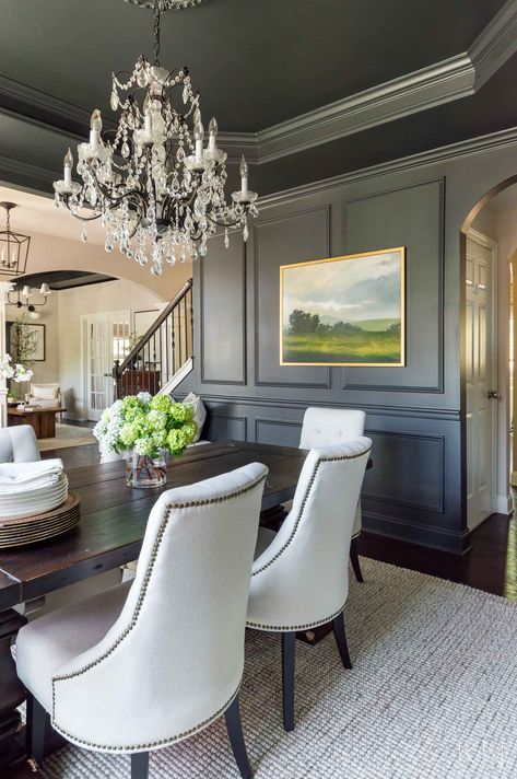 Dining Room Colors With Dark Furniture, Dark Paint Dining Room Ideas, Dining Room Design Accent Wall, Moody Gray Dining Room, Dining Room Wall Trim Design, Dark Wainscoting Ideas Dining Room, Whitney Parkinson Dining Room, Picture Frame Moulding Dining Room, Raised Entryway