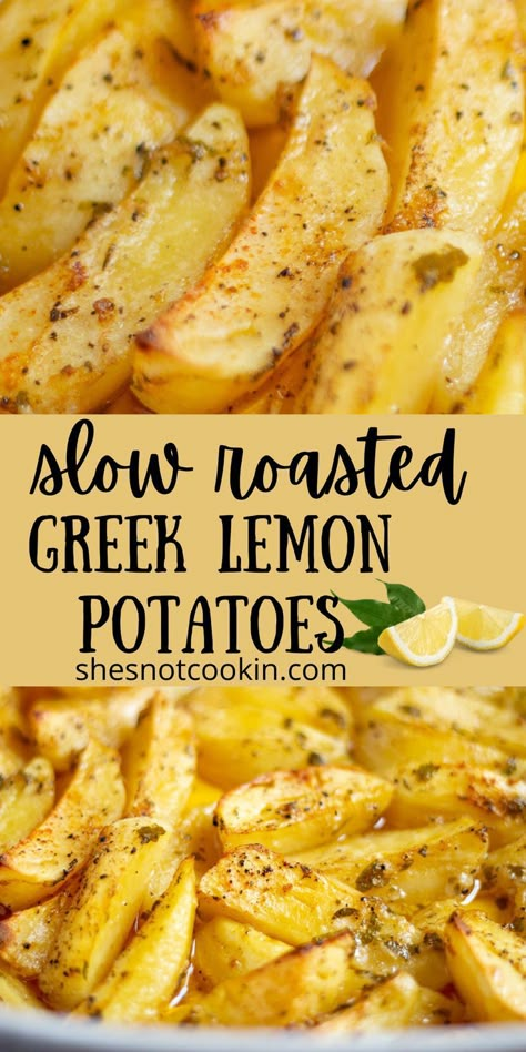 Greek lemon roasted potatoes in white dish with text overlay.