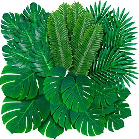 Amazon.com: Decopom Palm Leaves Artificial Tropical Monstera-84Pcs 6 Kinds Large Small Green Fake Palm Leaf with Stems for Safari Jungle Hawaiian Luau Party Table Decoration Wedding Birthday Theme Party : Home & Kitchen Plants Indoor Decoration, Jungle Vbs, Artificial Palm Leaves, Hawaiian Luau Party, Artificial Plants Outdoor, Havana Nights, Beach Themed Party, Dream Party, Wild One Birthday