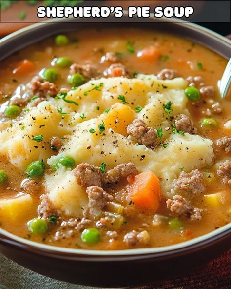 Yay Recipes Shepherd’s Pie Soup, Shepherd Pie Soup Recipe, Shepard’s Pie Soup, Shepherds Pie Soup Recipe, Shepherds Pie Soup, French Potato Salad, Work Recipes, Cold Weather Comfort Food, Soup With Ground Beef