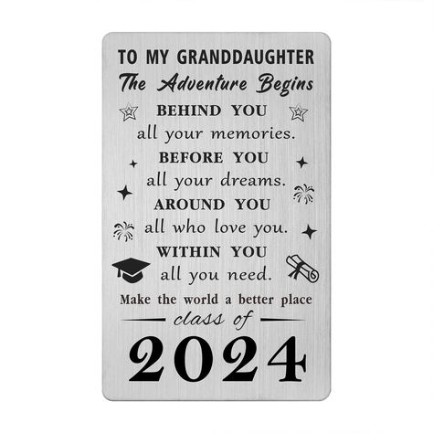 PRICES MAY VARY. Granddaughter Graduation Gifts 2024 - Proud granddaughter graduation wallet insert card engraved with "To my granddaughter, The adventure begins, behind you all your memories, before you all your dreams, around you all who love you, within you all you need, making the world a better place, class of 2024". Happy Graduation Card for granddaughter - Sentimental my granddaughter is graduating 8th 5th grade, college graduation gift for granddaughter, masters degree graduation gifts, Lpn Graduation, Grandson Graduation Gifts, Senior Year Scrapbook, High School Graduation Cards, Preschool Graduation Gifts, Masters Degree Graduation, Mba Graduation, Degree Graduation, Graduation Gifts For Sister