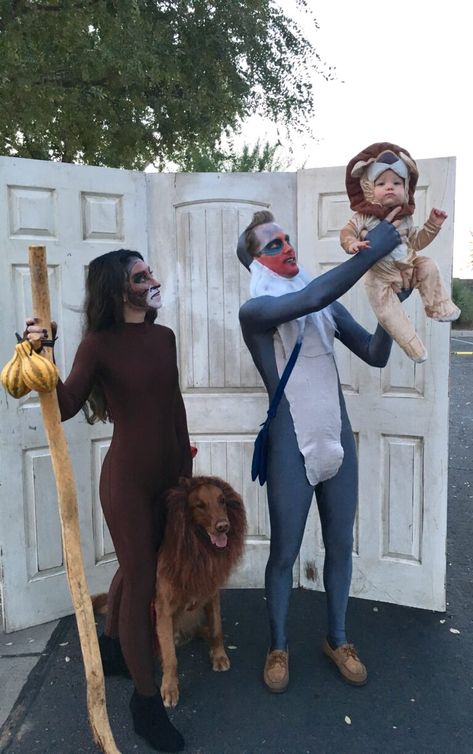 Lion King Family Costume Diy, Lion King Group Costume, Family Costumes With Lion, Family Of 3 And A Dog Halloween Costumes, Halloween Lion Costumes, Lion King Couple Costume, Zoo Costumes For Family, Family Costumes With Baby And Dog, Diy Lion King Costumes