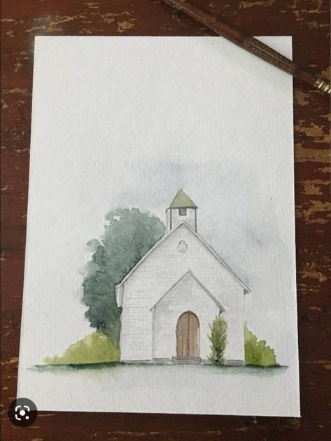 Chapel Watercolor, Church Watercolor, Watercolor House Painting, Simple Watercolor, Watercolor Architecture, Original Watercolor Art, Watercolor Paintings Easy, Things To Paint, Diy Watercolor