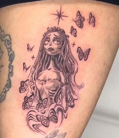 Corpus Bride Tattoo, Tattoos Corpse Bride, Corspride Bride Tattoo, Small Corpse Bride Tattoo, Emily Tattoo Corpse Bride, Corpse Bride Emily Tattoo, Small Leg Tats, Emily Corpse Bride Tattoo, Paranormal Tattoo