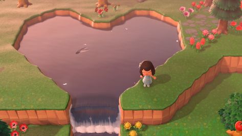 Heart Lake Animal Crossing, Heart Shaped Pond Animal Crossing, Acnh Heart Waterfall, Lake Animals, Pond Animals, Island Theme, Stone Bridge, Animal Crossing, Heart Shapes