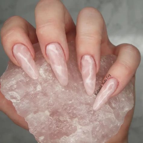 28 Beautiful Quartz Nail Ideas That You Will Love - Pink Rose Quartz Nails, Quartz Nail Designs, Rose Quartz Nails With Gold, White Quartz Nails, Quarts Nails, Pink Quartz Nails, Quartz Nail Art, Aphrodite Nails, Rose Quartz Nails