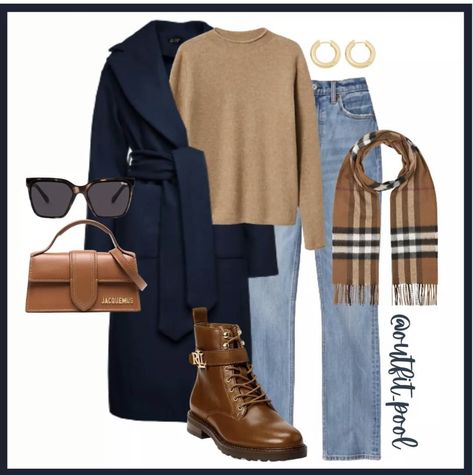 Navy Fall Outfits For Women, Navy Blue Outfit Winter, Navy Blue Autumn Outfit, Blue Navy Coat Outfit, Brown Navy Outfit, Navy And Brown Outfits For Women, Brown And Blue Outfit Color Combos, Navy Blue Coat Outfits For Women, Blue Winter Coat Outfit