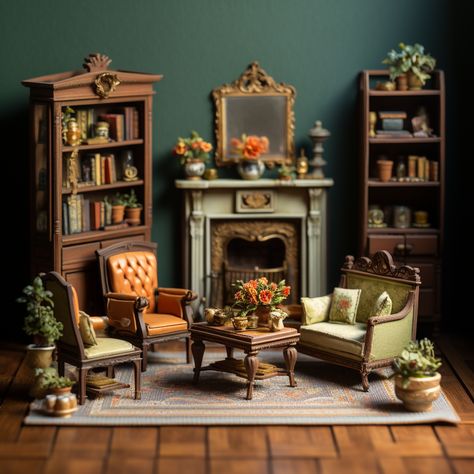 Miniature Dollhouse Living Room, Victorian, Wood Theme, 3-d model, Plasticine Miniature Room In Wall, Living Room Dollhouse, Victorian Dollhouse Interior, Victorian Miniatures, Living Room Victorian, Spooky Miniatures, Miniature Living Room, Miniature Cafe, Victorian Rooms