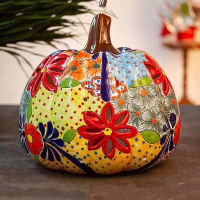 Talavera-Style Ceramic Pumpkin Lantern from Mexico - Colorful Pumpkin | NOVICA Creative Pumpkin Decorating, Hand Painted Pumpkin, Ceramic Lantern, Pumpkin Lantern, Rabbit Sculpture, Ceramic Pumpkin, Halloween Pumpkins Painted, Painted Pumpkin, Creative Pumpkins