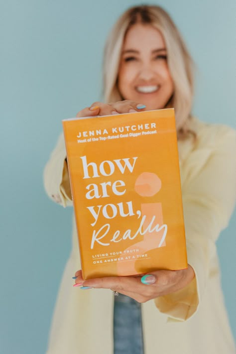 Pre-order Jenna Kutcher's "How Are You, Really?" Book Today! Author Poses With Books, Author With Book Photography, Book Promo Photoshoot, Book Cover Photoshoot, Author Book Photoshoot, Book Marketing Photos, Author Picture Poses, Books Photoshoot Ideas, Posing With A Book