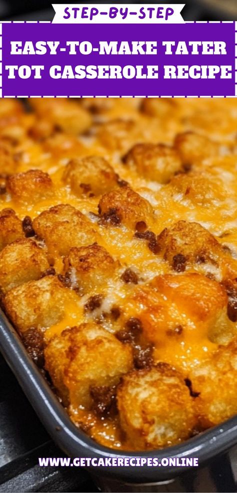 A freshly baked Tater Tot Casserole with crispy golden tater tots layered on top of a cheesy, hearty casserole recipe, served in a baking dish. Tater Tot Casserole With Hashbrowns, Recipes For Tater Tots, Recipe For Tater Tot Casserole, Tater Tot Casserole With Ham, Tatertot Casserole Recipe Chicken, Tater Tot Casserole With Green Beans, Taylor Tot Casserole Ground Beef, Tatertot Dinner Ideas, Ground Turkey Tater Tot Casserole