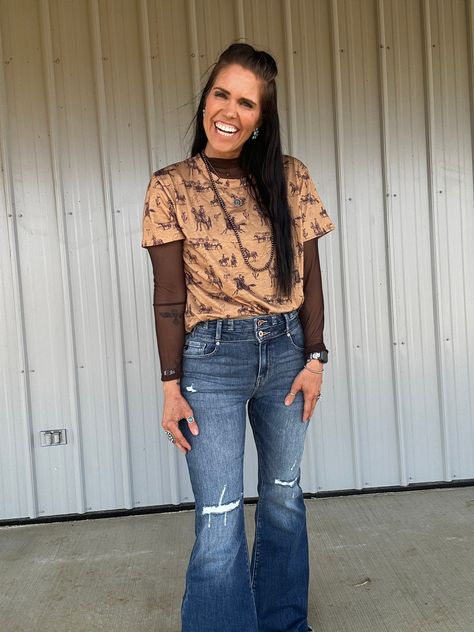 Semi sheer mesh long sleeve Mock Neck Brown Jamie is wearing the Small. Mesh Long Sleeve Top Outfit, Mesh Shirt Outfit, Mesh Top Outfit, Country Western Outfits, Nashville Outfit, Rodeo Outfits, Mesh Shirt, Vegas Baby, Hair Clothes