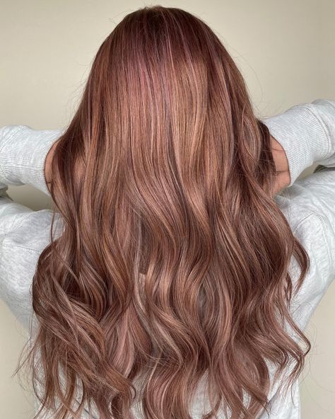 Dusty Hair Color, Light Brown Hair With Pink Highlights, Dusty Mauve Hair Color, Rose Gold Brown Hair, Dusty Rose Hair Color, Pinkish Brown Hair, Brown Hair With Pink Highlights, Long Hair Goals, Dusty Rose Hair