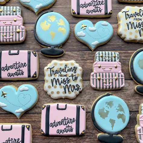 Travel Theme Bridal Shower Cookies, Bachelorette Travel Theme, Travel Bridal Shower Cookies, Travel Bridal Shower Cake, Traveling From Miss To Mrs Cookies, Adventure Awaits Bridal Shower Theme, Travel Theme Bridal Shower Ideas, Travel Themed Bridal Shower Ideas, Travel Bridal Shower Theme