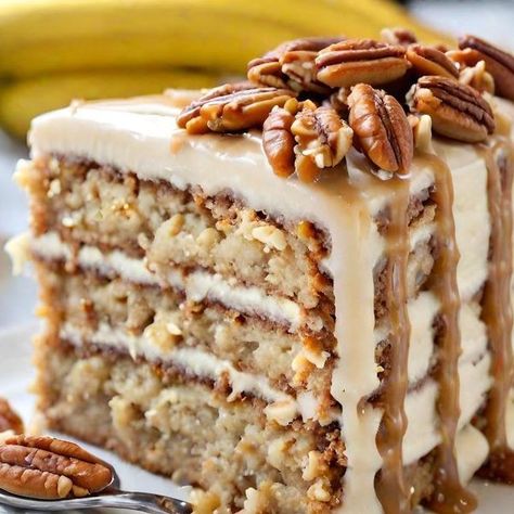 Optimal Recipes Carmel Banana Pecan Cake, Banana Pecan Caramel Layer Cake, Pecan Caramel Cake, Optimal Recipes, Carmel Cake, Best Pound Cake Recipe, Butter Pecan Cake, Banana Cake Recipe, Pecan Cake